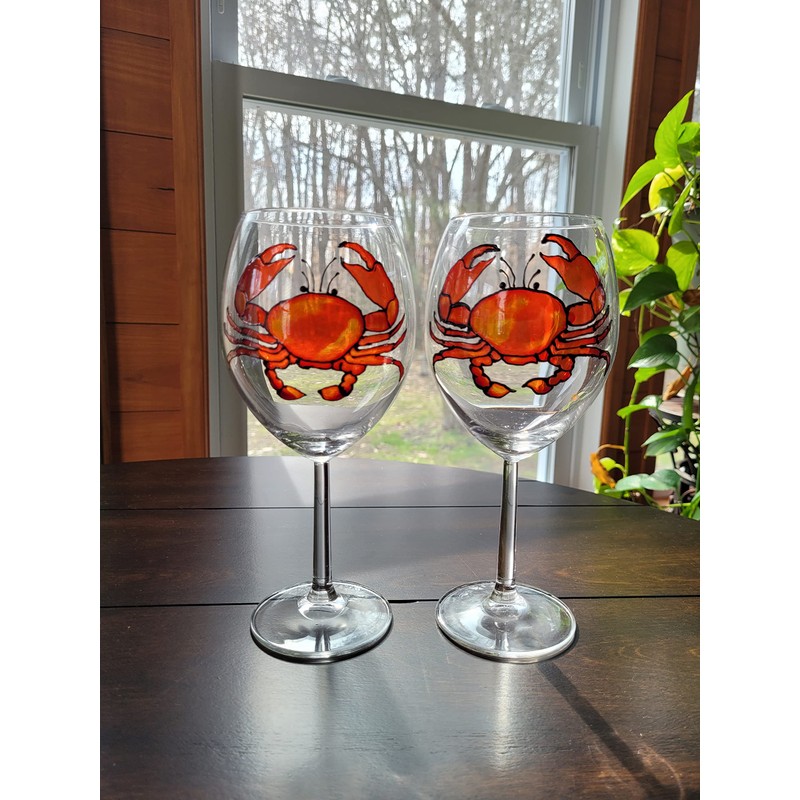 Red Crab Stemmed Hand Painted Wine Glasses Set of 2