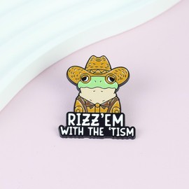 Rizz Em With The Tism, Funny Autistic Neurodivergent Cowboy Frog Enamel Pin, Sarcastic Autism Awareness Badge Brooch, Ironic Frog Meme Lapel Brooches, Neurodiversity Frog Meme Badges, Funny Western Country Frog Humor Quote Saying Decoration Pin Jewelry A