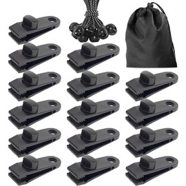 15 Stück Planenspanner & Befestigungsklammern + 15 elastische Spannseile mit Aufbewahrungsbeutel - Robuste Planenclips für Camping Plane, Markise zum Klemmen, Laufhaken für Sonnensegel & Planenbügel
