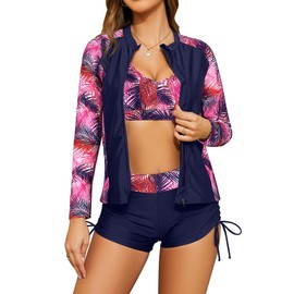 SHEKINI Women's 3-Piece Rash Guard Long Sleeve Swimsuits with Drawstring Short, Deep Blue-Pink Leaves