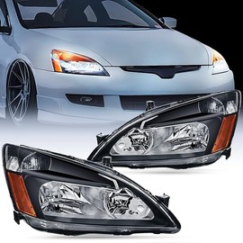 Nilight Headlight Assembly for 2003 2004 2005 2006 2007 Accord Replacement Headlamp Black Housing Amber Reflector