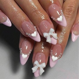 Valentines Press on Nails Almond Pink Fake Nails Medium French Tip False Nails with Heart Bow Pearl Designs Acrylic Nails Bow Glue on Nails Glossy Medium Artificial Nails Stick on Nails for Women