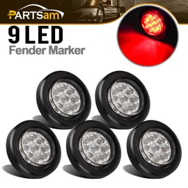 Partsam 5x 2" LED Marker Light Cab Panel Light 9 Diodes Sealed Round Clear/Red w Grommet/Pigtail, 2" Mini-Reflex round sealed LED Side Marker, Clearance or ID Light