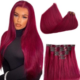 Human Hair Clip in Extensions Burgundy 16 Inch 7 Pcs Seamless Clip in Hair Extensions Real Human Hair Double PU Weft Natural Silky Clip on Straight Hair 100G