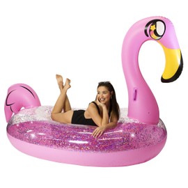 Poolcandy Gigantic Inflatable 2 to 3 Person Pool, Beach, and Lake Swim rafts (Gigantic 2 to 3 Person Pink Glitter Flamingo)