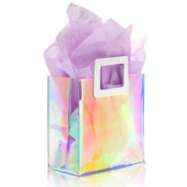 KeerxunBag 1 Pack Holographic Gift Bags with Handles & 2 Tissue Paper Sheets – Iridescent Transparent Reusable Bags for Women, Girls, Birthdays, Weddings，Purple Gift Bag
