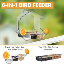 LUJII 6-in-1 Window Bird Feeder with Strongest Suction Cups, All-in-one Feeder for Bird Seed, Suet Ball, Mealworm, Oriole Orange Fruit, Jam or Water, Easy to Clean with 2 Removable Trays, Clear