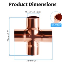 FOCMKEAS Union Cross Copper Fitting, 1/2 In, ID 12.7 mm, Wall 1.2 mm
