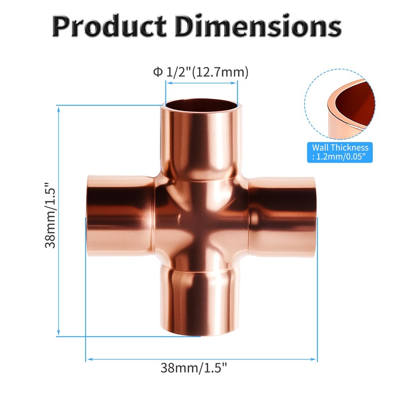 FOCMKEAS Union Cross Copper Fitting, 1/2 In, ID 12.7 mm,