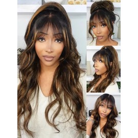 Julia Hair Pre Everything Glueless 13x4 HD Lace Front Wigs Human Hair Pre Plucked Pre Cut Balayage Highlight Body Wave Curtain Bangs Bye Bye Knots Drawstring Wigs Ready to Wear Frontal Wig 20 Inch