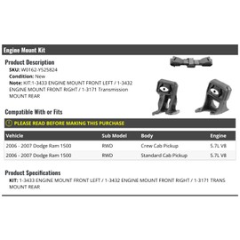 Marketplace Auto Parts Engine Motor Mount and Transmission Mount Kit - 3-Piece - Compatible with 2006 - 2007 Dodge Ram 1500 RWD 5.7L V8 (Fits Crew Cab and Standard Cab Models Only)