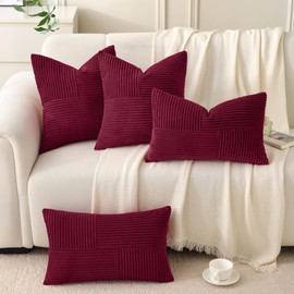 Yosodeko Burgundy Lumbar Throw Pillow Cover 12x24 inch,Pack of 1 Soft Corduroy Cushion Cover with Patchwork Textured,Farmhouse Home Decor,Boho Decorative Rectangle Cushion Case for Couch Sofa