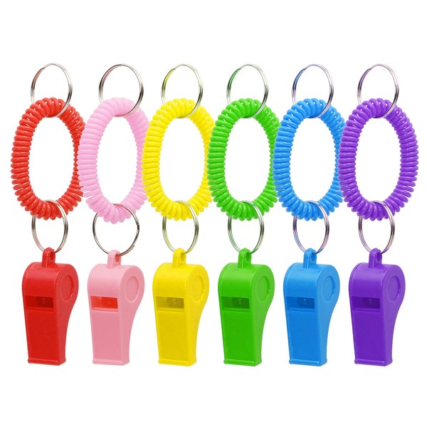 Sport Whistle with Bracelet 6pcs Loud Clear Plastic Whistles with Stretchable Coil Wrist Keychain Ring for Coaches Referees School Soccer Christmas Birthday Party Gift Survival Emergency Training