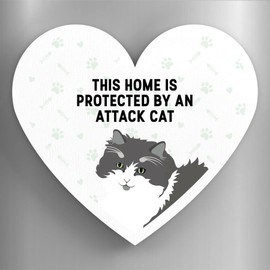 Global Designs Grey And White Cat Home Protected Attack Cat Katie Pearson Artworks Heart Shaped Wooden Magnet