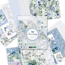 Kanban Crafts 'Serenity' 8 x 8 Inch Designer Premium Paper Pack - 24 Sheets of 190gsm Double-Sided Papers Featuring Florals, Leaves & Birds - for Card Making & Scrapbooking.