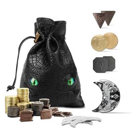 Byhoo 145PCS Metal DND Coins & PU Leather Bag, Contains 60 Gold Coins, 40 Silver Coin, 40 Copper Coins and 5 Platinum Coin, Tokens with Glow in The Night Eyes Bag for RPG Tabletop Games