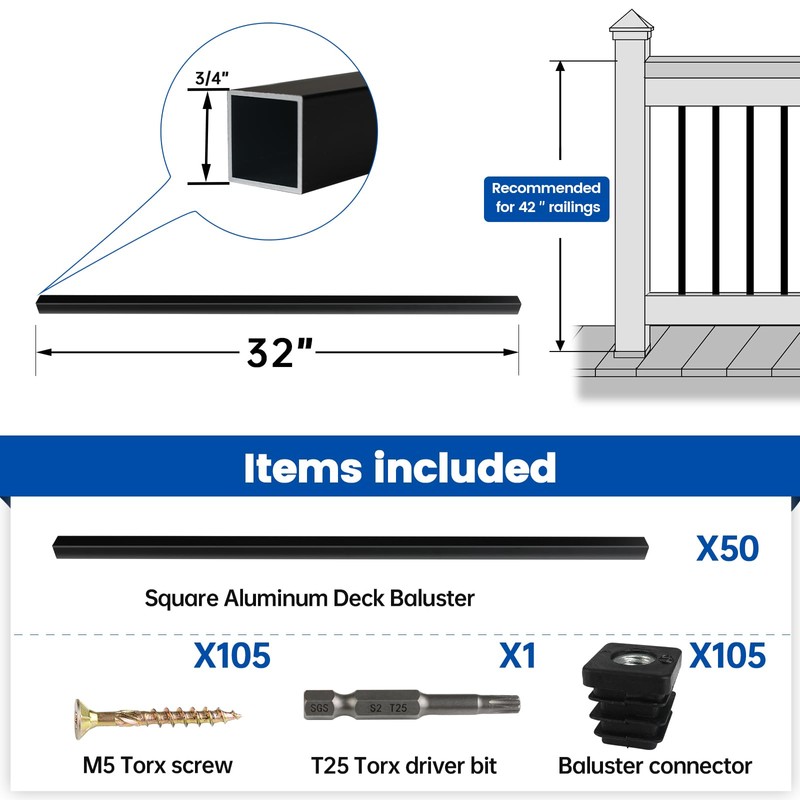 Muzata 50Pack 32" x3/4" Aluminum Deck Balusters Square Baluster Deck