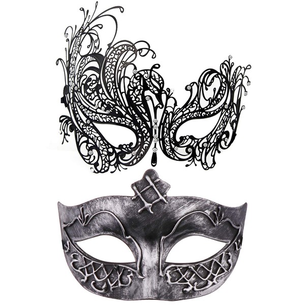 Set of 2 Masquerade Mask for Couples, Venetian Mardi Gras Costume Ball Mask (Antique Silver & Black)