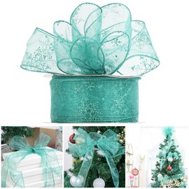 AIMUDI Teal Snowflake Ribbon Wired 2.5" Turquoise Organza Chirstmas Ribbon Wired Teal Ribbon for Christmas Tree Garland Teal Christmas Ribbon for Tree Wired Ribbon for Wreaths Topper Bow - 50 Yards