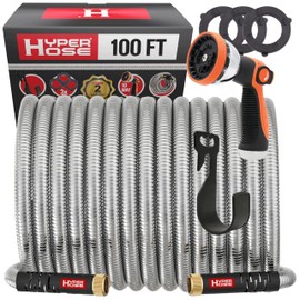 Best 100 ft Metal Garden Hose Set - No-Kink Durable 316 Stainless Steel, 10-Way Zync Spray Nozzle & Hook – Tough Flexible Heavy Duty Water Hoses, Naval Brass, Rust, Weather, LeakProof