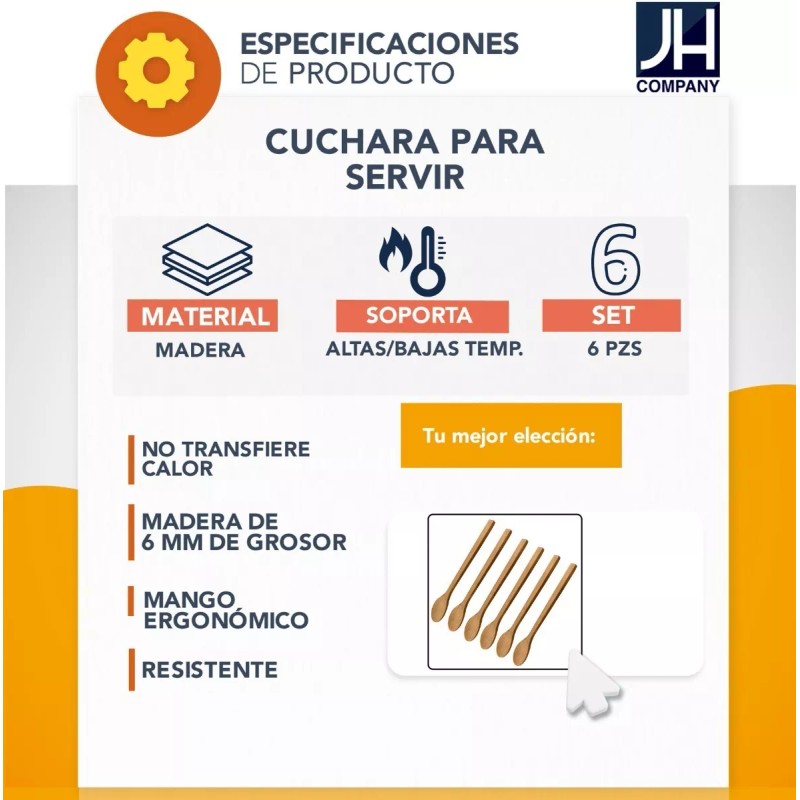 J.H. Company Set 6 Pcs Cuchara Madera Utensilio Cocina Mango