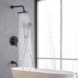 HomGoo Shower System with Tub Spout, Wall Mounted Shower Faucet Set for Bathroom with 10 Inch Rain Shower Head and Handheld Shower Head Set, Matte Black