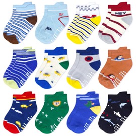 12 Pairs Toddler Boy Socks Lovely Assorted Cartoon Kids Socks Non Skid Slipper Socks Grips 3-5 Years Old Baby