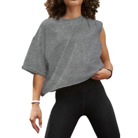 Womens Summer Tops Cotton Workout Crop Tops Woman Going Out Trendy Short Sleeve Yoga Shirts Casual Basic Tees Athletic Running Cropped T Shirts for Women Flowy Loose Fit Cute Tops Deep Gray XL