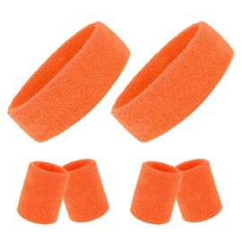 BEFORYOU 2 Sets Striped Sweatbands Set, 2 Pieces Sports Headband and 4 Pieces Wristbands Sweatbands Colorful Cotton Striped Sweatband Set American Flag Style for Men and Women (Orange)