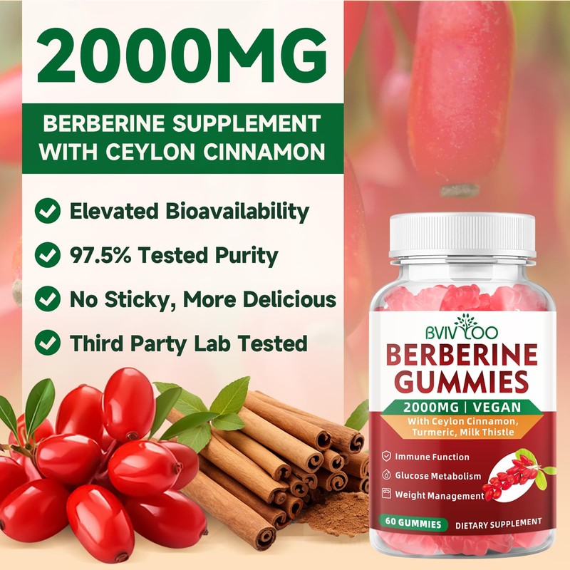BVIVLOO Premium Berberine Gummies, 2000mg High Potency Berberine HCI Supplement,