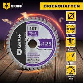 125mm Saw Blade for Wood, Sheet Metal, Aluminium, Laminate, Wood with Nails, Plastic - Cutting Disc with 22.23mm Bore - Circular Saw Blade for Fine Cutting GRAFF
