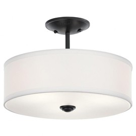Kichler, Shailene 14" 3 Light Round Semi Flush with Satin Etched White Diffuser and White Microfiber Shade in Black, 43675BK
