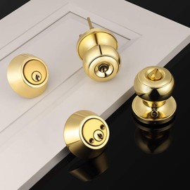 Brotima 4 Pack Entry Door Knobs and Deadbolt Combination Set, Keyed Alike Double Cylinder Deadbolt Door Lock Set, Polished Brass Round Style Door Knobs Deadbolt Exterior