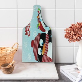 Lunarable Christmas Cutting Board, Penguins Wishing Happy Christmas Snowflake Background with Arctic Animals Print, Decorative Tempered Glass Cutting and Serving Board, Wine Bottle Shape, Multicolor
