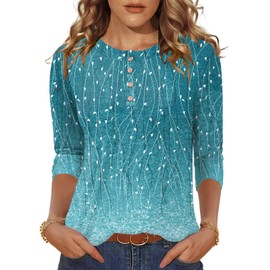 LOMON 3/4 Sleeve Tunic for Women Crew Neck Dressy Casual Button Tops Summer Trendy 2025 Tee Shirts(Blue Leaf Print,XL)