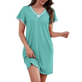HBZDQB Womens Nightgown V Neck Pleated Sleepwear Short Sleeve Lace Trim Nightshirt Boyfriend Sleepdress Blue Green XL