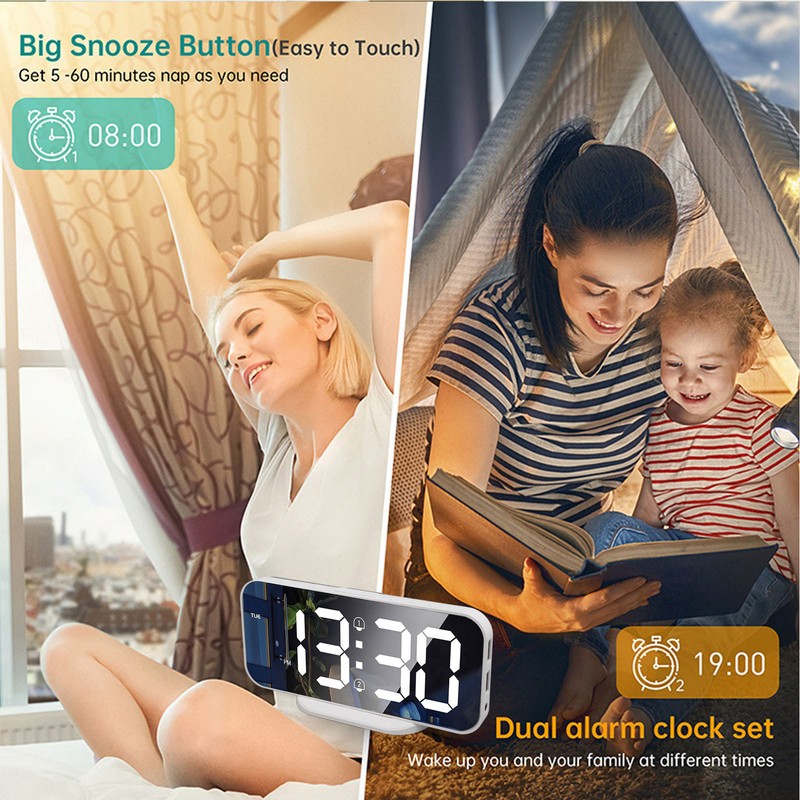 LED Mirror Electronic Clock Adjustable Brightness 6.7 Inch HD Digital