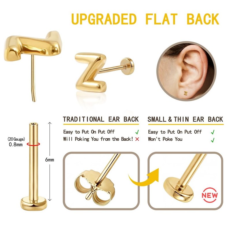 316L Surgical Steel Initial Earring Flat Back Stud Earrings for