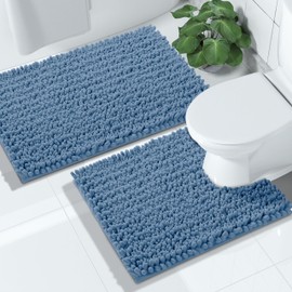 Yimobra Chenille Bathroom Rugs Sets 2 Piece, Soft Toilet Rug U-Shaped Contour and Fluffy Bath Mat Set, Non-Slip Absorbent Shower Rug Carpet for Floor, Machine Washable, 24x17+24x20 Inch Denim Blue