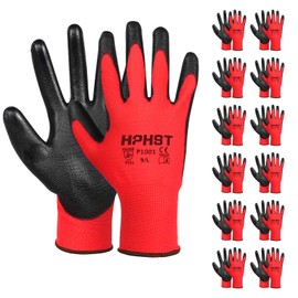 [HPHST] PU Coated Safety Work Gloves, 12 Double Working Gloves, Seamless Knit Gloves, Suitable for Men and Women, Polyurethane Coating Smooth and Excellent Palm and Finger Grip (Large, Red)