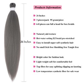 UPruyo Grey Prestretched Braiding Hair Extensions Box Braids Crochet Hair Knotless Non Toxic Hypoallergenic Gray Braiding Hair Pre Stretched 26 Inch 3 Packs Jumbo Weave Bundles