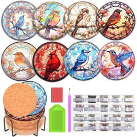 JHGCVX 8 Pcs Diamond Art Coasters,Hummingbird Diamond Painting Kits with Holder,DIY Diamond Painting Coasters Kit for Adults Beginners Art Craft Supplies Gift