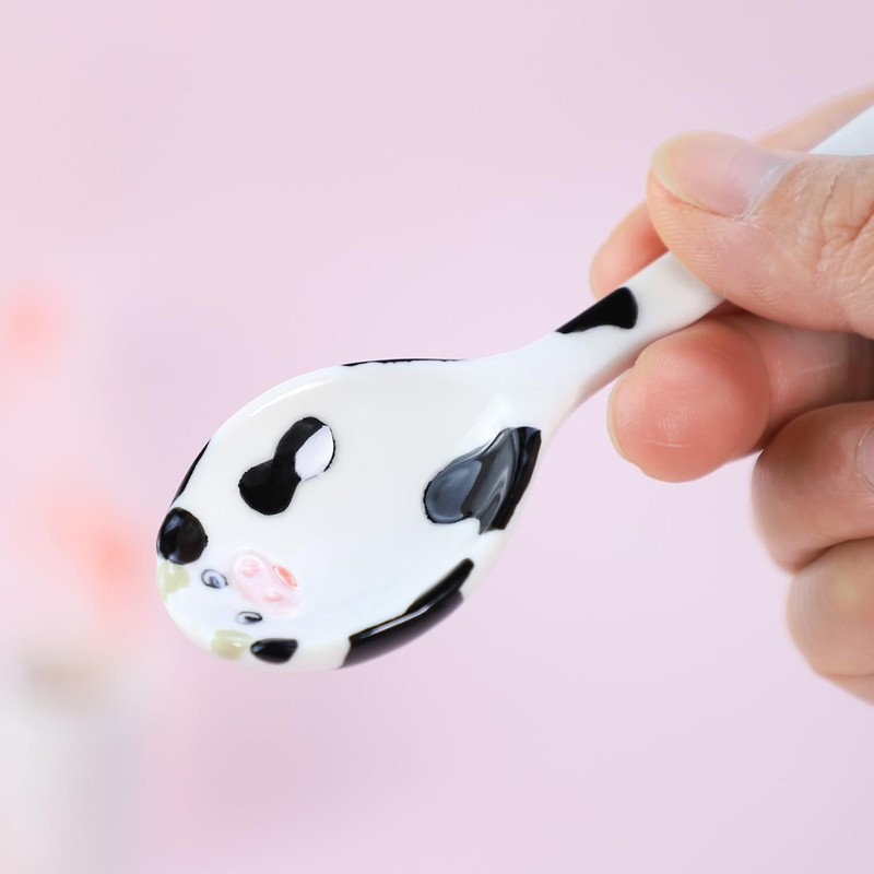 Sizikato 4pcs Porcelain Measuring Spoons with Base, Cow Shaped Ceramic