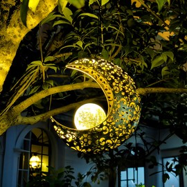 Solar Garden Hanging Moon Lights Outdoor Decor,Metal Lanterns Art Decorations for Outside Yard Lawn Patio Wall Fences Driveway Trail,Unique Housewarming Gardening Gifts for Women Mom Grandma
