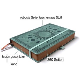 HwxBen Notebook (14.5 x 21 cm) Lined - Diary with 360 Pages, PU Leather Hardcover in Vintage Sun & Moon Design - Ideal as a Gift for Family and Friends - Premium Grey, with Pen