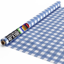 Party Solids Blue Gingham Plastic Table Cover Roll 40" X 100' Table Cloth Plastic Cover Roll - Premium Quality Thick 0.5 MIL Banquet Rolls - Disposable Tablecloth Rolls