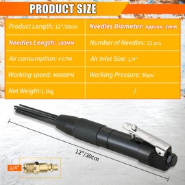 FLKQC Compact Air Needle Scaler, 1/4" Air Powered Rust Paint Weld Remover Cleaner, 90psi Needle Scaler for Removing Lag Rust Paint and Dirt