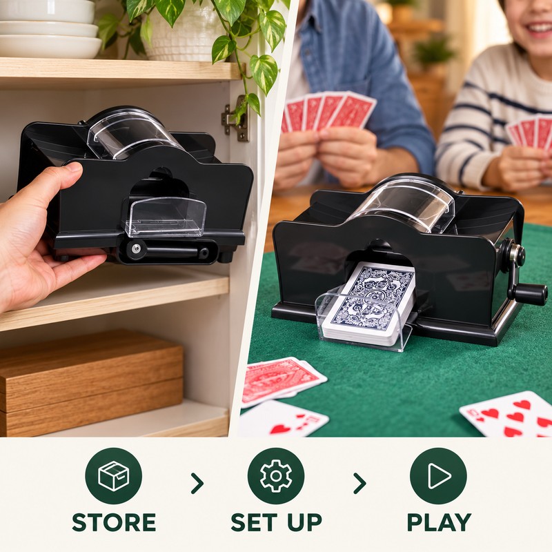 Manual 2-Deck Card Shuffler with Hand Crank, Black Playing Card