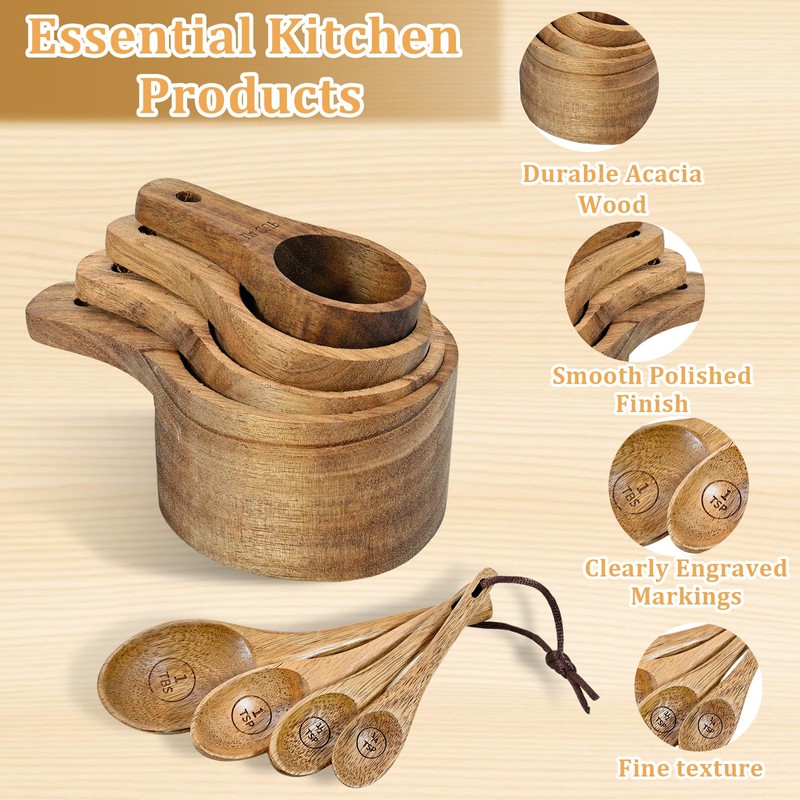 Wooden Measuring Cups and Spoons Set - Eco-Friendly Solid Acacia