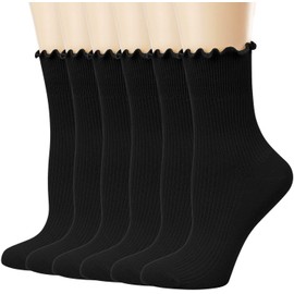 DRESHOW Womens Ruffle Socks Cotton Turn-Cuff Casual Ankle Socks Breathable Lettuce Crew Knit Frilly Sock 6 Pack